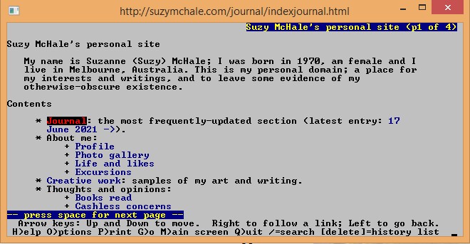 Screenshot of my site in the text-only Lynx browser