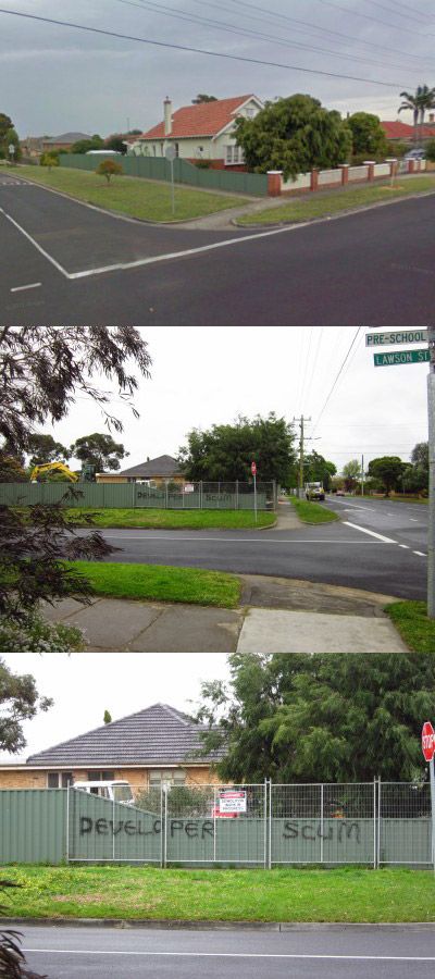 Protest graffiti on demolished house fence