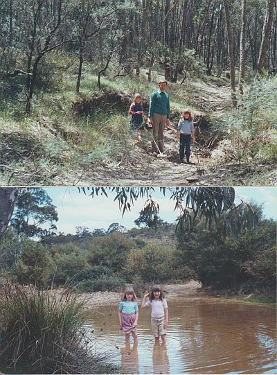 1979 family daytrip to Ballarat goldfields, two more photos: Dad fossicking for gold; sister and I standing in pond