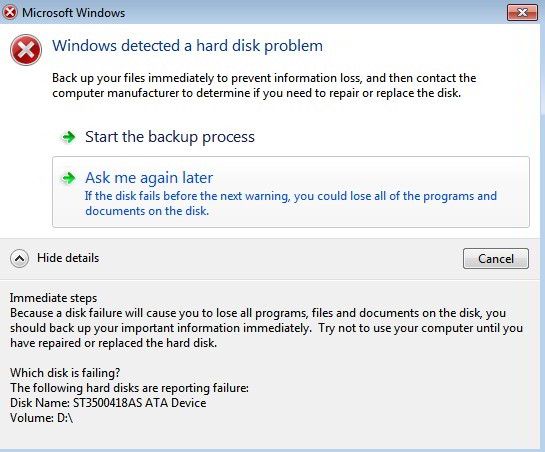 Imminent hard disk drive failure warning