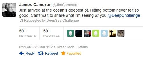 Tweet from James Cameron re:Mariana Trench